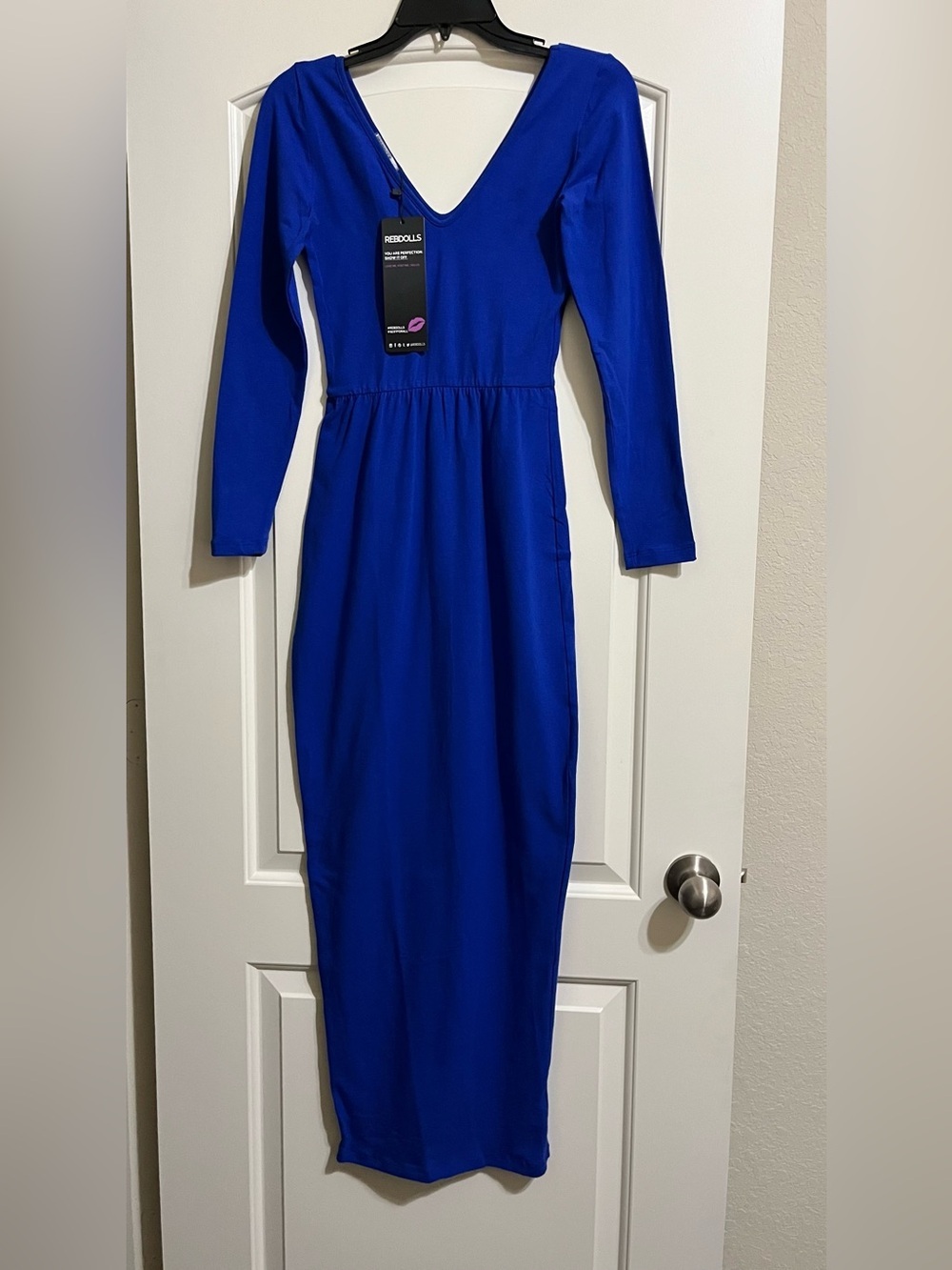 NWT Rebolls Essentials Bodycon Royal Blue Long Sleeve V-Neck Maxi Dress Medium